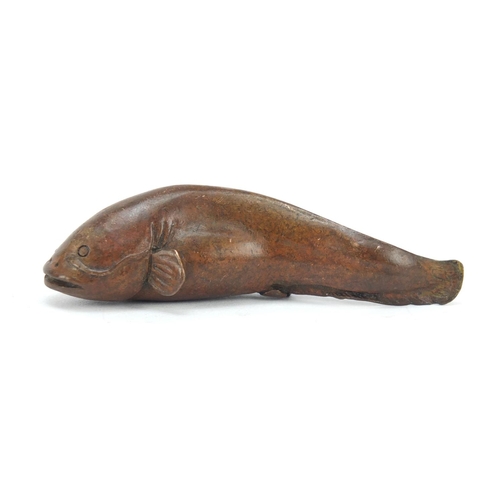 3390 - Japanese patinated bronze catfish, impressed character marks to the base, 6cm in length