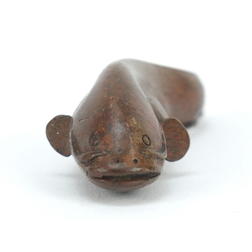 3390 - Japanese patinated bronze catfish, impressed character marks to the base, 6cm in length