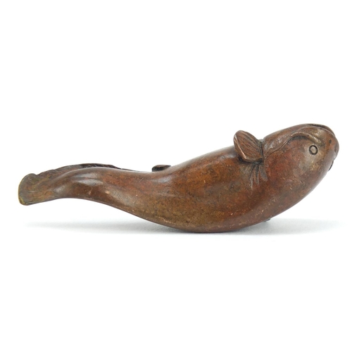 3390 - Japanese patinated bronze catfish, impressed character marks to the base, 6cm in length