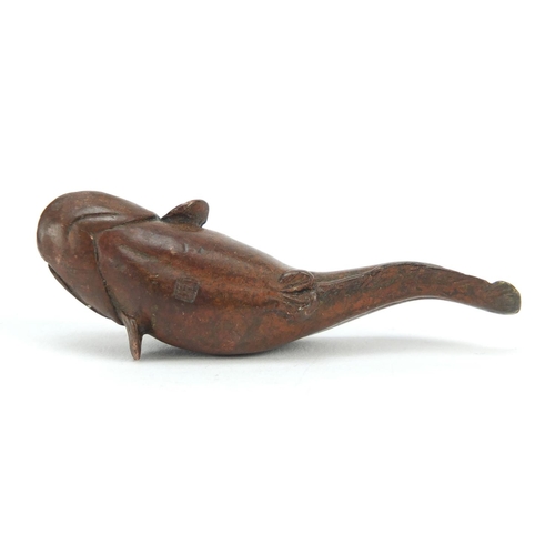 3390 - Japanese patinated bronze catfish, impressed character marks to the base, 6cm in length