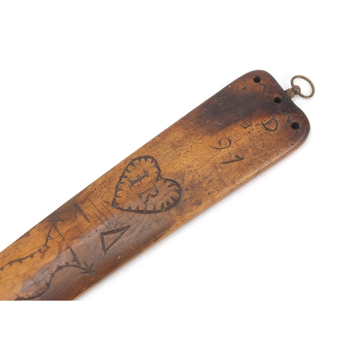 3005 - 18th century sailors scrimshaw stay busk, dated 1791, carved with the initials MD & IR, 30.5cm in le... 