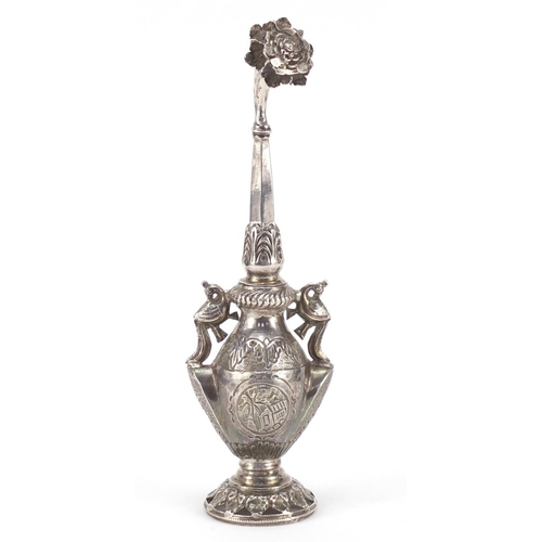 4135 - Anglo-Indian unmarked silver rosewater sprinkler with  mythical bird handles, 23.5cm high, 147g