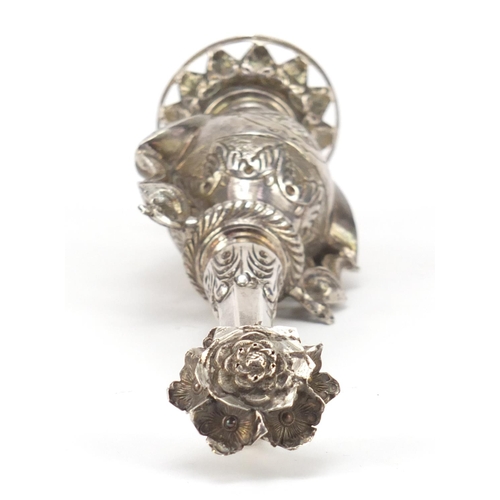 4135 - Anglo-Indian unmarked silver rosewater sprinkler with  mythical bird handles, 23.5cm high, 147g