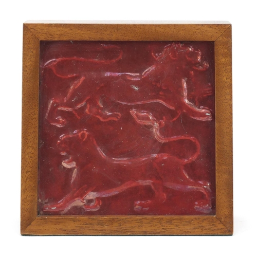 3162 - Arts & Crafts William de Morgan ruby lustre tile with lion motifs, housed in a mahogany frame, overa... 