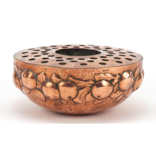 3164 - Arts & Crafts Newlyn copper rose bowl embossed with fruit, impressed Newlyn around the rim, 18.5cm i... 