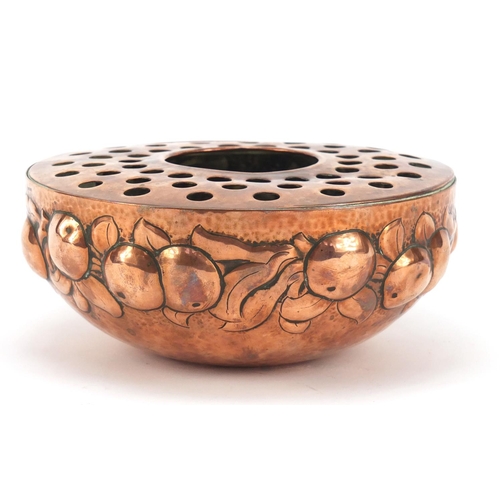 3164 - Arts & Crafts Newlyn copper rose bowl embossed with fruit, impressed Newlyn around the rim, 18.5cm i... 