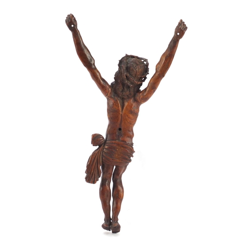 3004 - Good 17th century German school carved fruitwood Corpus Christi with crown of thorns, 37cm high