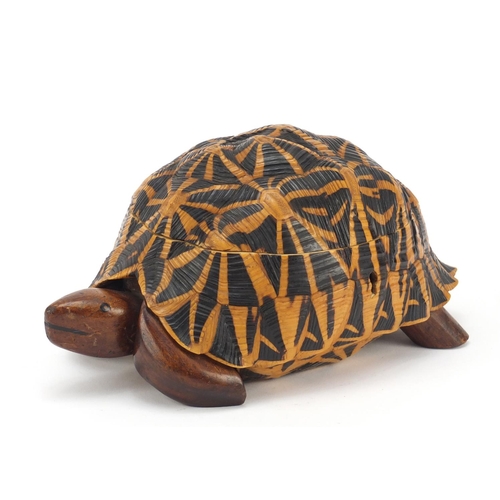 3831 - Anglo-Indian star tortoise tea caddy with ebony, fruitwood and exotic inlay, 24.5cm in length