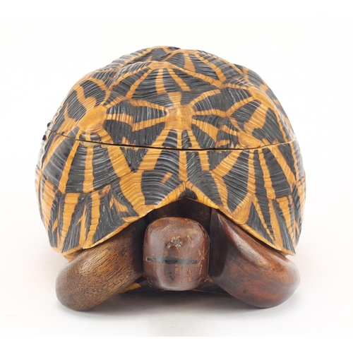 3831 - Anglo-Indian star tortoise tea caddy with ebony, fruitwood and exotic inlay, 24.5cm in length