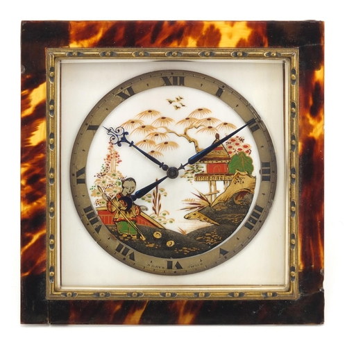 3977 - Art Deco eight day Swiss strut clock decorated in the chinoiserie manner with tortoiseshell frame, h... 