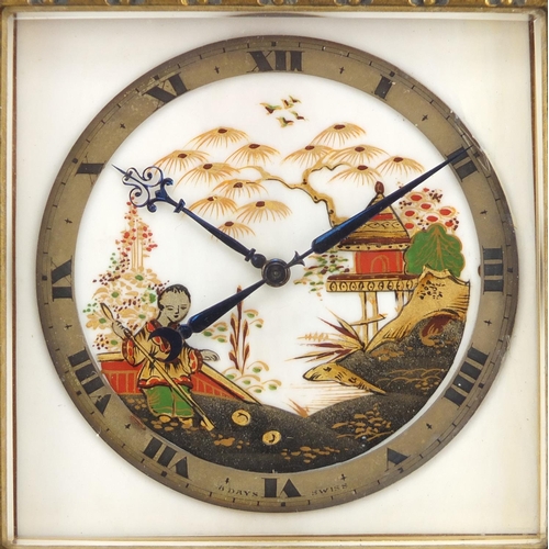 3977 - Art Deco eight day Swiss strut clock decorated in the chinoiserie manner with tortoiseshell frame, h... 