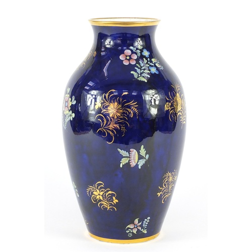 3908 - 19th century Spode porcelain ovoid vase, hand painted and gilded with floral sprays onto a blue grou... 