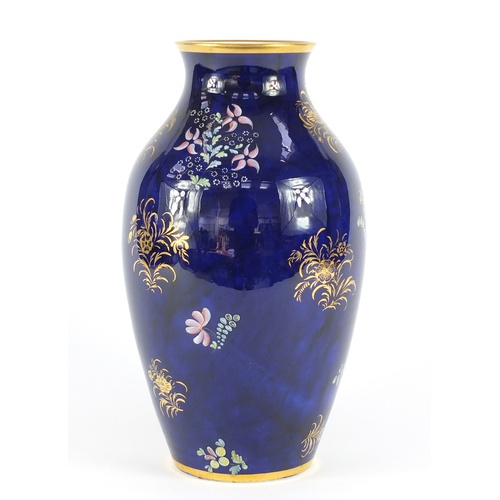 3908 - 19th century Spode porcelain ovoid vase, hand painted and gilded with floral sprays onto a blue grou... 