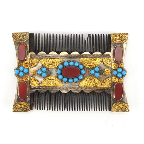 4134 - Antique Byzantine type unmarked silver Crusader's comb inset with turquoise and agate, 10.5cm x 7cm