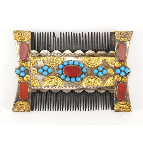 4134 - Antique Byzantine type unmarked silver Crusader's comb inset with turquoise and agate, 10.5cm x 7cm