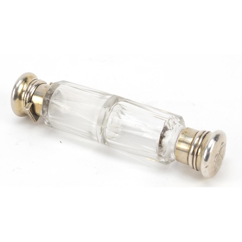 3184 - Victorian faceted glass double ended scent bottle with unmarked silver lids, retailed by Halstaf Han... 