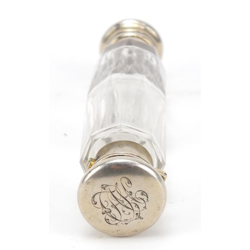 3184 - Victorian faceted glass double ended scent bottle with unmarked silver lids, retailed by Halstaf Han... 