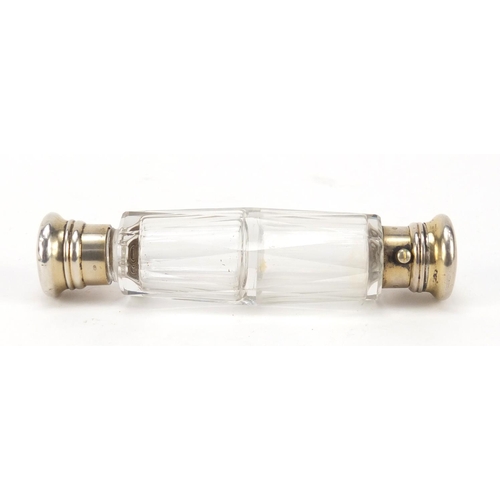 3184 - Victorian faceted glass double ended scent bottle with unmarked silver lids, retailed by Halstaf Han... 