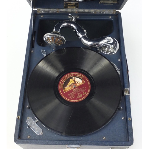 3467 - Vintage His Master's Voice blue wind up gramophone, model 102, retailed by Harrods, model 102, 16cm ... 