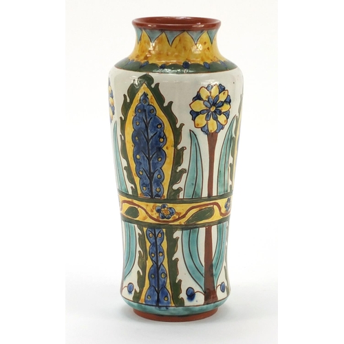 3486 - Della Robbia style pottery vase hand painted with flowers, indistinct incised marks to the base, 26c... 