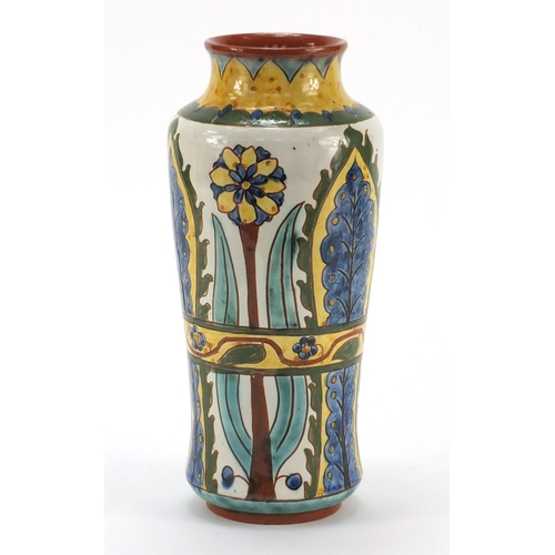 3486 - Della Robbia style pottery vase hand painted with flowers, indistinct incised marks to the base, 26c... 