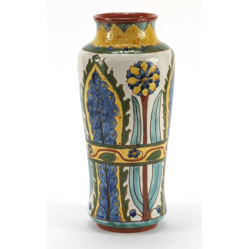 3486 - Della Robbia style pottery vase hand painted with flowers, indistinct incised marks to the base, 26c... 