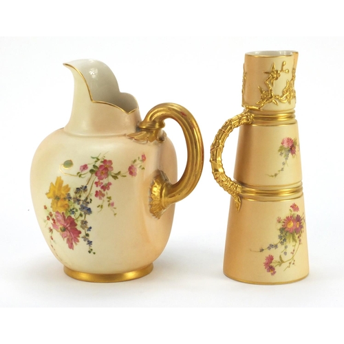 3147 - Two Royal Worcester blush ivory jugs including one with tapering body, each decorated with flowers, ... 