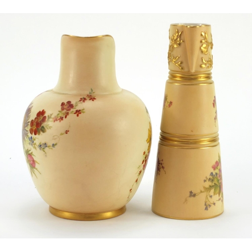 3147 - Two Royal Worcester blush ivory jugs including one with tapering body, each decorated with flowers, ... 