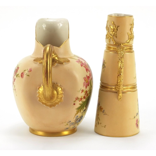 3147 - Two Royal Worcester blush ivory jugs including one with tapering body, each decorated with flowers, ... 