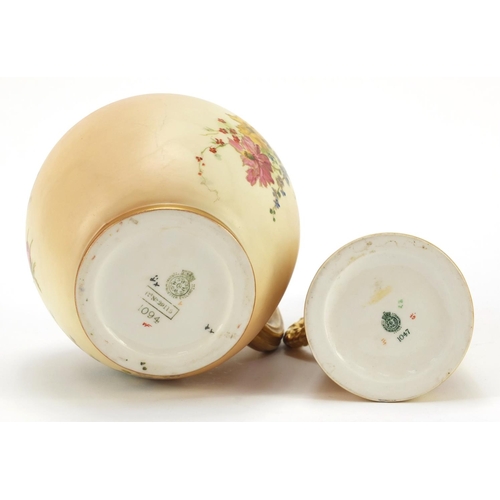 3147 - Two Royal Worcester blush ivory jugs including one with tapering body, each decorated with flowers, ... 