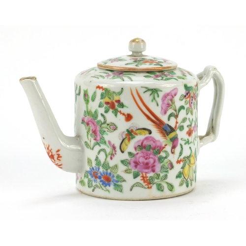 3379 - Chinese Canton porcelain teapot hand painted in the famille rose palette with birds and butterflies ... 