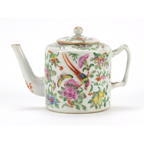 3379 - Chinese Canton porcelain teapot hand painted in the famille rose palette with birds and butterflies ... 