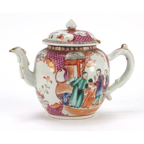 3378 - Chinese porcelain teapot hand painted in the Mandarin palette with figures and vignettes, 15cm high