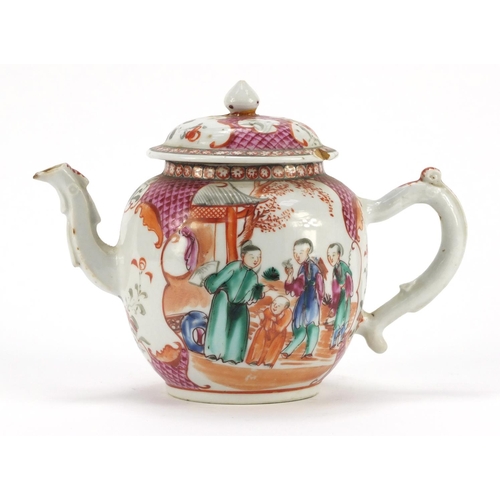 3378 - Chinese porcelain teapot hand painted in the Mandarin palette with figures and vignettes, 15cm high