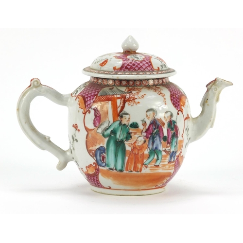 3378 - Chinese porcelain teapot hand painted in the Mandarin palette with figures and vignettes, 15cm high