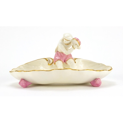 3044 - Victorian Worcester figural shell sweetmeat dish mounted with a girl holding a tambourine, 21.5 wide