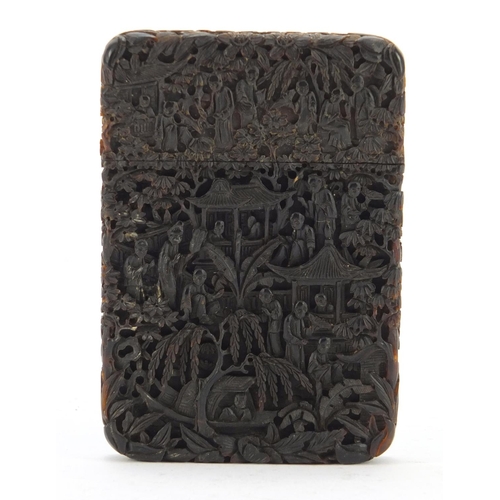 3033 - Exceptional Chinese Canton tortoiseshell card case, finely and deeply carved with figures crossing b... 