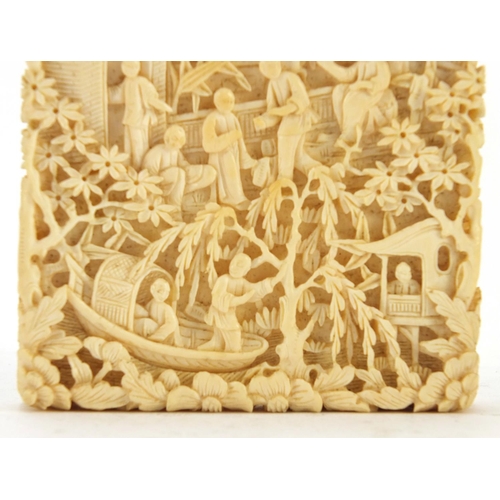 3034 - Exceptional Chinese Canton ivory card case, finely and deeply carved with figures crossing bridges a... 