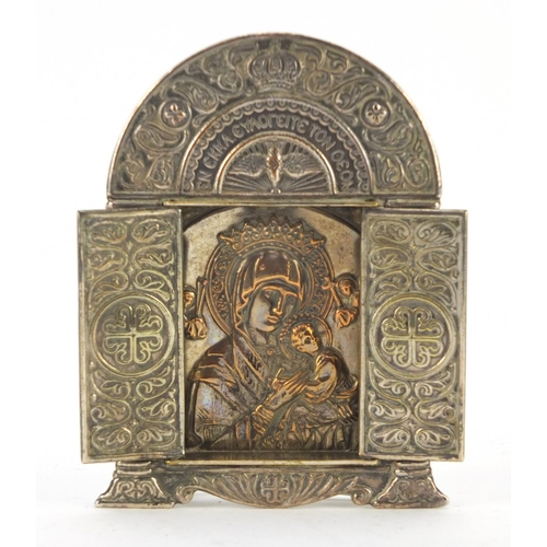 3829 - 19th century Russian Orthodox silver plated travelling icon with two doors opening to reveal a panel... 