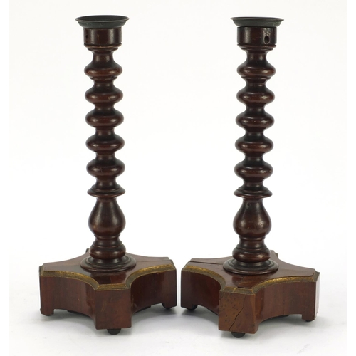 3178 - Pair of 19th century walnut bobbin turned candlesticks, each 33cm high