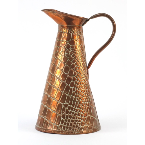 3165 - Arts & Crafts copper crocodile effect jug by Joseph Sankey, numbered 3, 26cm high