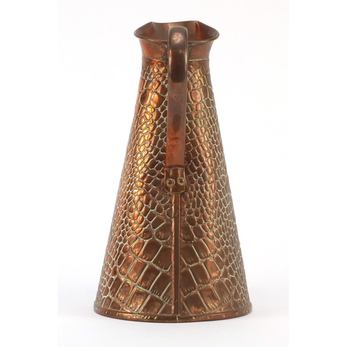 3165 - Arts & Crafts copper crocodile effect jug by Joseph Sankey, numbered 3, 26cm high