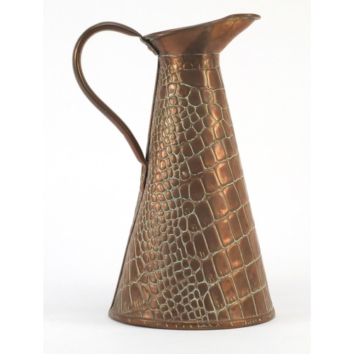 3165 - Arts & Crafts copper crocodile effect jug by Joseph Sankey, numbered 3, 26cm high