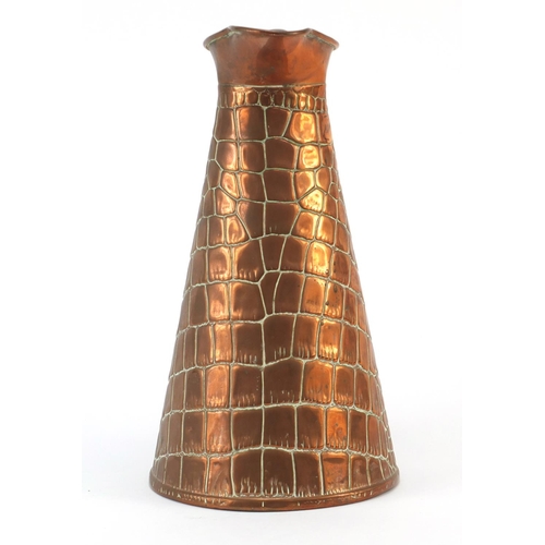 3165 - Arts & Crafts copper crocodile effect jug by Joseph Sankey, numbered 3, 26cm high