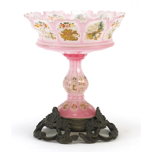 3916 - 19th century Bohemian pink overlaid glass comport with ornate bronze base, the comport hand painted ... 