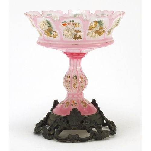 3916 - 19th century Bohemian pink overlaid glass comport with ornate bronze base, the comport hand painted ... 