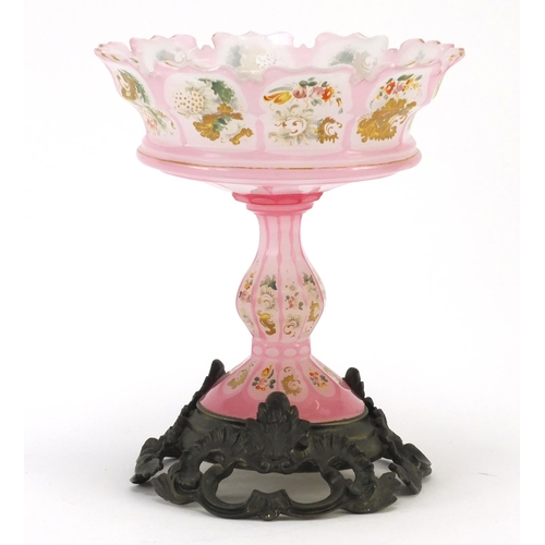 3916 - 19th century Bohemian pink overlaid glass comport with ornate bronze base, the comport hand painted ... 