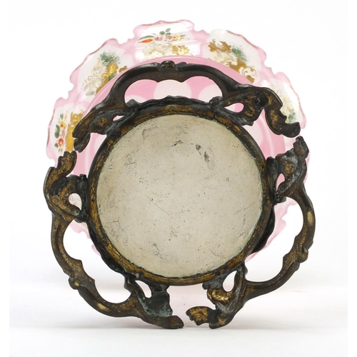 3916 - 19th century Bohemian pink overlaid glass comport with ornate bronze base, the comport hand painted ... 