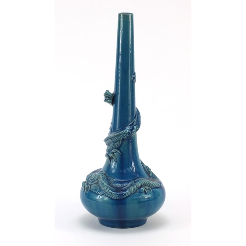 3789 - Chinese blue glazed porcelain relief dragon vase with tapering neck, 35.5cm high