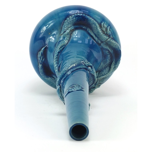 3789 - Chinese blue glazed porcelain relief dragon vase with tapering neck, 35.5cm high